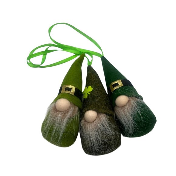 St. Patricks Day Gnome Ornaments With Green Hats & Beard Decorations Set of 3 - Picture 1 of 7